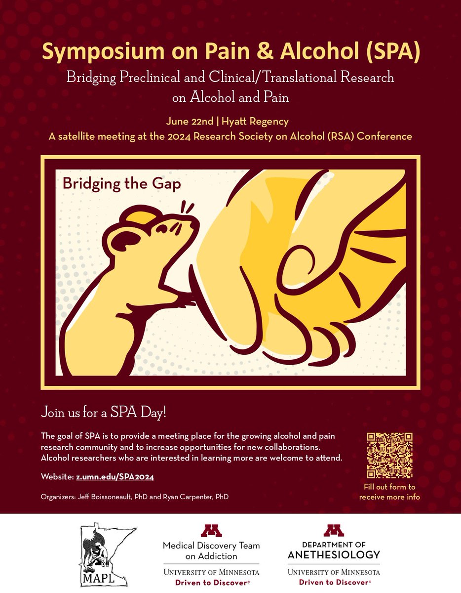 Attend the Symposium on Pain and Alcohol!

Join us to learn about cutting-edge research on pain and alcohol use.

📆 Saturday, June 22
🔗 More info &amp; register at: bit.ly/3wnweOQ.

<a href="/UMNanes/">UMN Dept. of Anesthesiology</a> | <a href="/UMN_MDTA/">UMN Medical Discovery Team on Addiction</a> | #Alcohol | #UMN