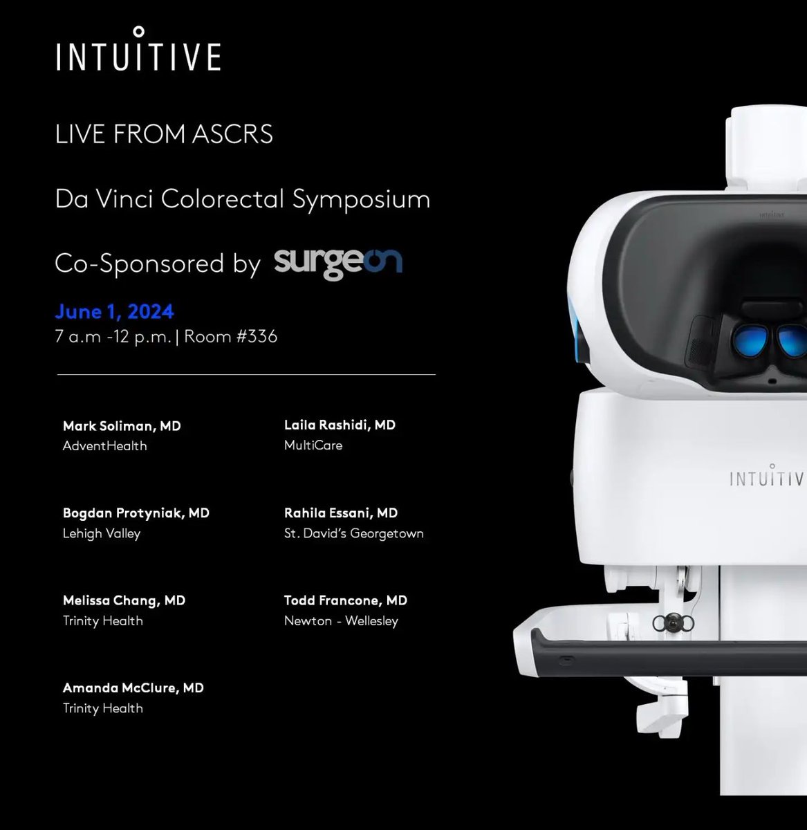 Rahila Essani MD FACS FASCRS (@rahila_essani) on Twitter photo Join us for another lively Da Vinci robotic symposium live from <a href="/ASCRS_1/">ASCRS_1</a> meeting in Baltimore <a href="/MarkSoliman/">Mark Soliman, MD, MBA</a> <a href="/lailara58/">Laila Rashidi</a> <a href="/changtangMD/">Melissa I. Chang | 張愛文 MD, FACS, FASCRS</a> <a href="/tdfrancone/">Todd</a> <a href="/BoProtyniak/">Bogdan Protyniak</a> <a href="/IntuitiveSurg/">Intuitive</a> #Roboticcolorectalsurgery Join us for another lively Da Vinci robotic symposium live from <a href="/ASCRS_1/">ASCRS_1</a> meeting in Baltimore <a href="/MarkSoliman/">Mark Soliman, MD, MBA</a> <a href="/lailara58/">Laila Rashidi</a> <a href="/changtangMD/">Melissa I. Chang | 張愛文 MD, FACS, FASCRS</a> <a href="/tdfrancone/">Todd</a> <a href="/BoProtyniak/">Bogdan Protyniak</a> <a href="/IntuitiveSurg/">Intuitive</a> #Roboticcolorectalsurgery
