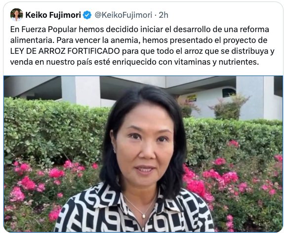 La sinvergüenza que vive de la política, Keiko Fujimori, ya comenzó su cuarta campaña presidencial y utiliza al Congreso como su local partidario; alistando promesas de lavadas de cara, como una Ley de Arroz Fortificado, cuando su bancada bloqueó la Ley de Alimentación Saludable.