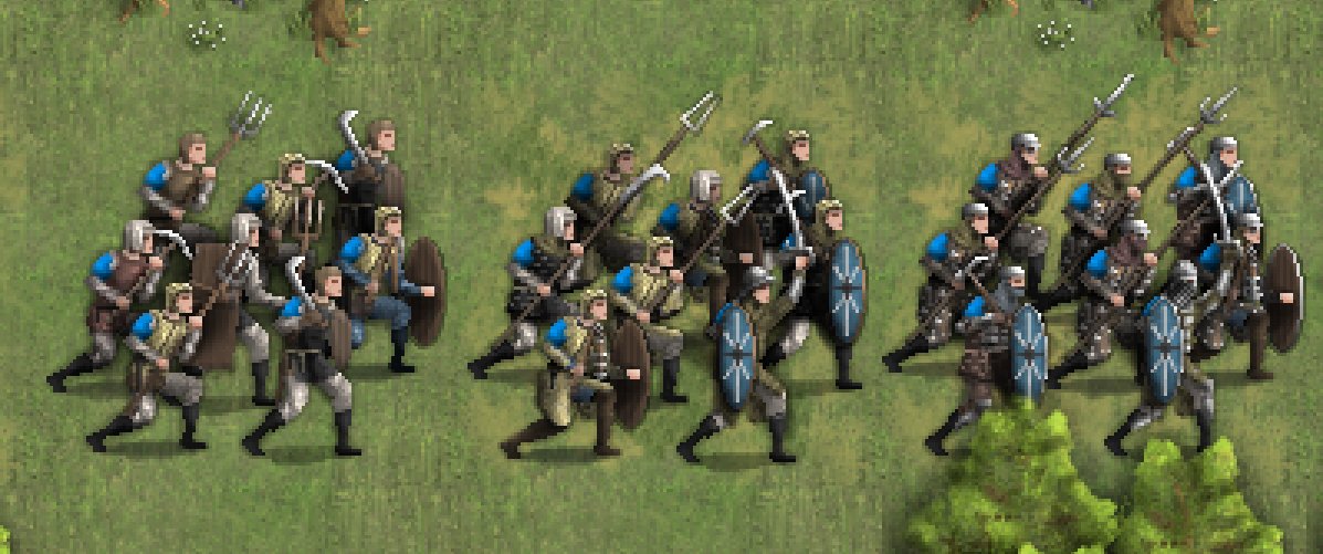 Here is a good view of the entire line of the Empire's melee infantry, set to take on the owl menace in gruesome melee for the glory of the Emperor!

As you progress through Cataclysm Wars' mission, your troops will evolve from fresh militias to battle-hardened veterans!