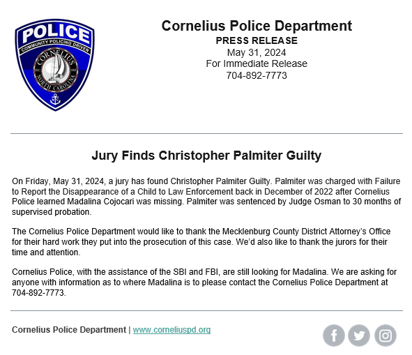 PRESS RELEASE - Jury Finds Christopher Palmiter Guilty