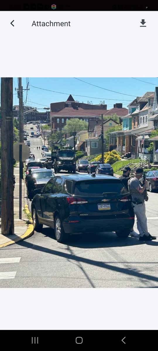 Alot happening over in City of Pittsburgh's Carrick Neighborhood . This is a photo a friend who lives on this street just sent me ! Im hearing possible explosives in a home along with gunmen .