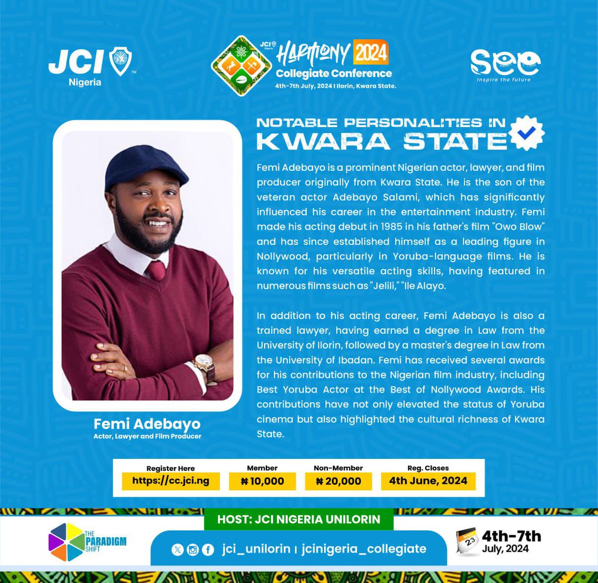JCIUNILORIN (@jci_unilorin) on Twitter photo Femi Adebayo <a href="/realfemiadebayo/">Femi Adebayo</a>: The Actor, Lawyer, and Film Producer
Femi Adebayo is a Multi-talented Nigerian actor, filmmaker, lawyer, brand ambassador, and Producer of notable films like Jagun Jagun and Ageshinkole.
1 Femi Adebayo <a href="/realfemiadebayo/">Femi Adebayo</a>: The Actor, Lawyer, and Film Producer
Femi Adebayo is a Multi-talented Nigerian actor, filmmaker, lawyer, brand ambassador, and Producer of notable films like Jagun Jagun and Ageshinkole.
1