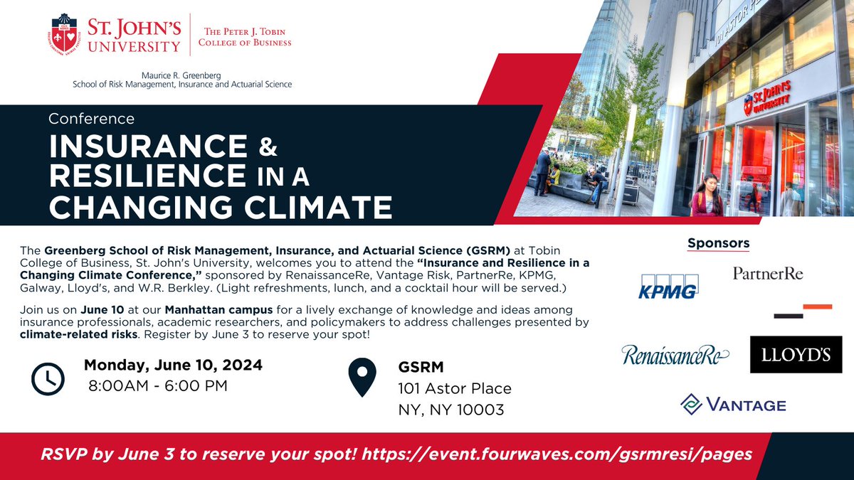 tobincollege's tweet photo. Join #insurance professionals, #academic researchers &amp; #policymakers at our #Manhattan campus June 10 for a #conference on #climate-related risks. Register at https://t.co/jyIblrsZag by June 3 to reserve your spot at "Insurance and Resilience in a Changing Climate." https://t.co/OFFjuAY3M2
