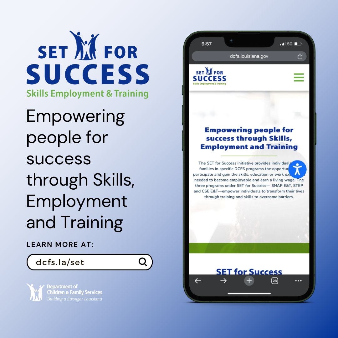 Ready to take the first step towards a brighter future? The SET for Success website offers valuable resources for participants in CSE E&T, SNAP E&T, and STEP. Discover your path to success at dcfs.la/set #SETforSuccess