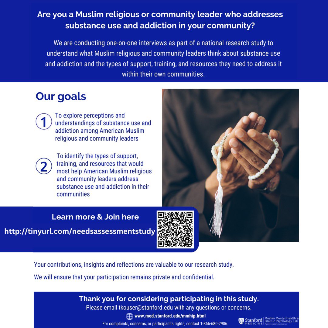 Are you a Muslim religious or community leader who addresses #substanceuse &amp; #addiction in your community? Participate in our national study &amp; share your thoughts &amp; experiences. Learn more and participate at tinyurl.com/needsassessmen…
