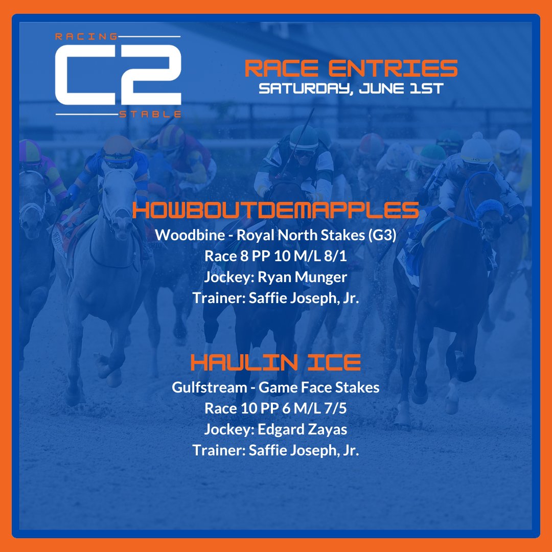 Race Entries: Saturday 6/1 for @C2RacingStable.