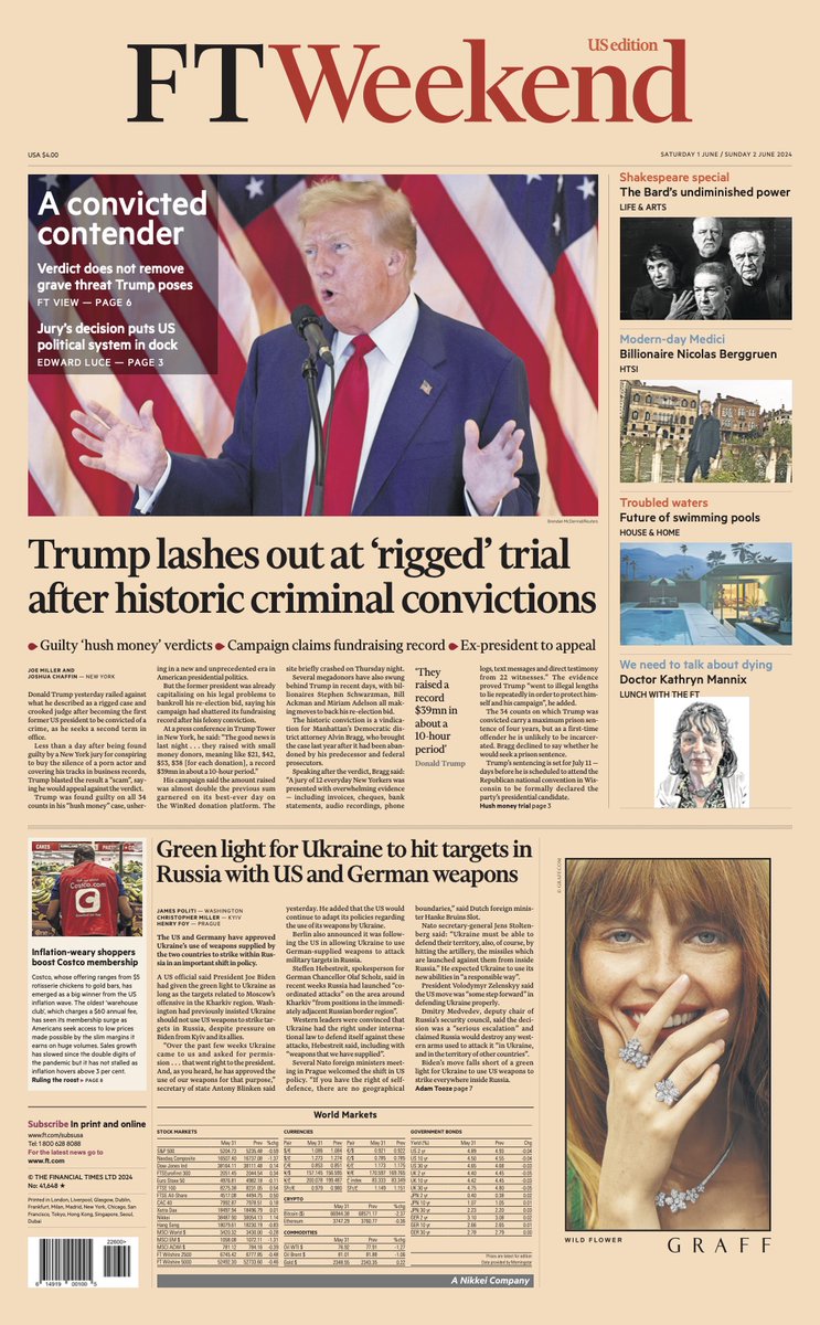 Just published: front page of the Financial Times, international edition, Saturday 1 June on.ft.com/3V2mvWF