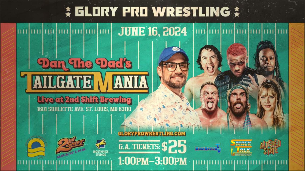 Dan the Dad ダン・ザ・ダッド (@thanksdanthedad) on Twitter photo ITS FOOTBALL SEASON (in St. Louis)
<a href="/WeAreGloryPro/">Glory Pro Wrestling</a> is firing up the grill with <a href="/2ndshiftbrewing/">2nd Shift Brewing</a> and Central State Sandwiches for a Father's Day throwdown before we all head downtown to crown a new <a href="/TheUFL/">United Football League</a> champion
Beer ✅
Bodyslams ✅
TAILGATEMANIA ✅✅✅ ITS FOOTBALL SEASON (in St. Louis)
<a href="/WeAreGloryPro/">Glory Pro Wrestling</a> is firing up the grill with <a href="/2ndshiftbrewing/">2nd Shift Brewing</a> and Central State Sandwiches for a Father's Day throwdown before we all head downtown to crown a new <a href="/TheUFL/">United Football League</a> champion
Beer ✅
Bodyslams ✅
TAILGATEMANIA ✅✅✅