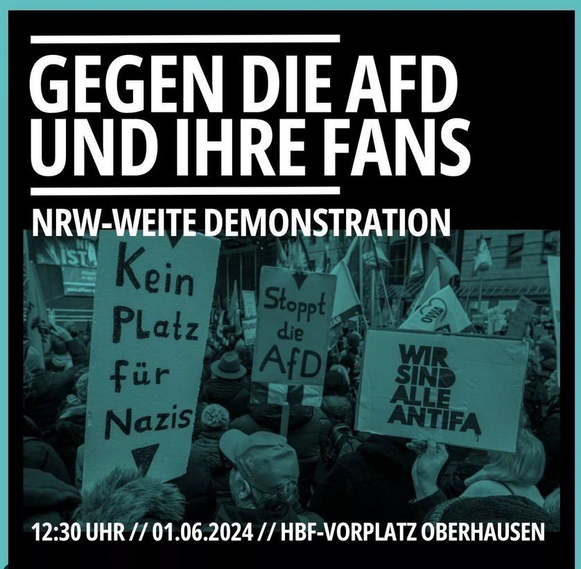 Morgen 01.06.24 um 12:30 Uhr, #Oberhausen Hbf-Vorplatz

Gegen die #AfD und ihre Fans

Es gibt keinen Platz für die ständige Hetze der #noAfD in unserer Gesellschaft.
Sie gehört längst in die Mülltonne der Geschichte.

#noNazis #FCKNZS #AfDsindVerräter #AfDVerbotjetzt #ob0106