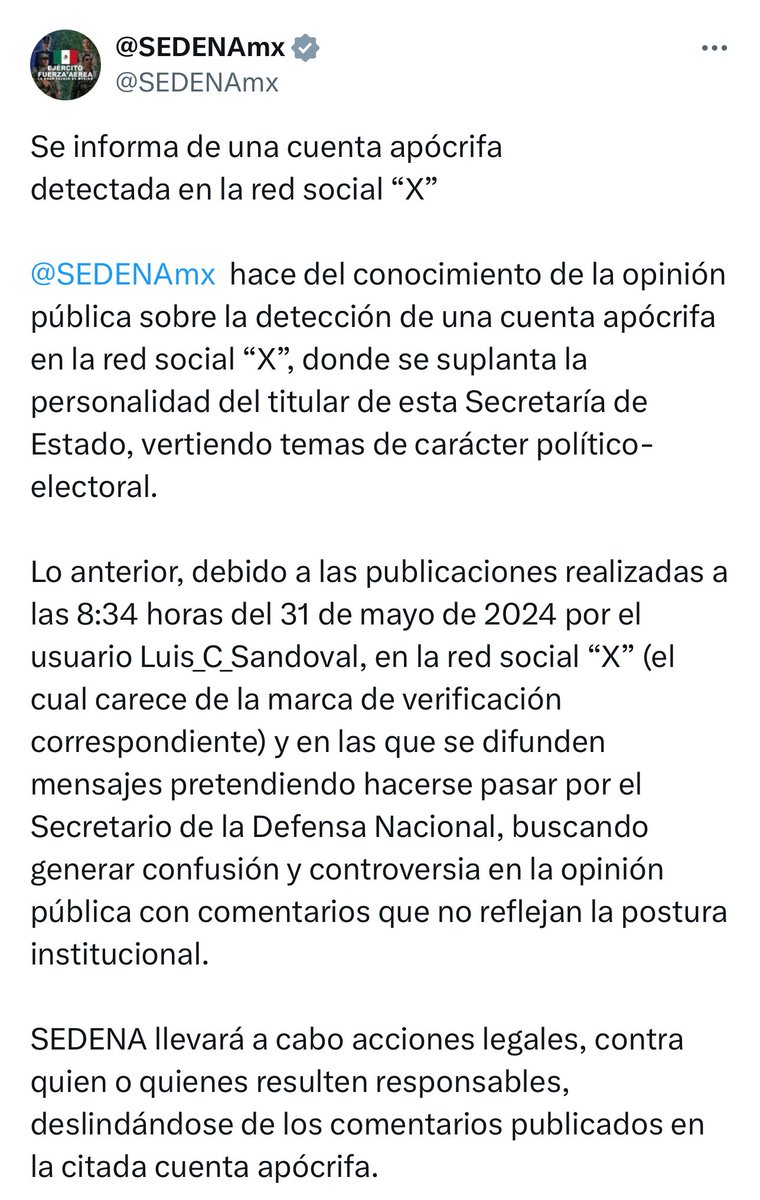 La @SEDENAmx  informa que emprenderá acciones legales contra quien o quienes resulten responsables tras la cuenta apócrifa del secretario Luis Cresencio Sandoval detectada en la red social “X”

@perezhabib
#AbriendoLaConversación