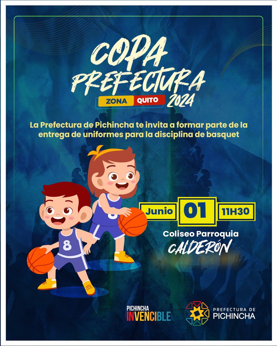 ¡Atención niños, niñas y adolescentes de #Calderón! 👧🏽👦🏻👩🏿🧑🏼‍🦱 Te invitamos a participar de la Inauguración de nuestra Copa Prefectura 🏀, que se desarrollará este 🗓️sábado 1 de junio, a las ⏰11h30, 📍en el Coliseo de la parroquia. ¡Te esperamos! #PichinchaEsDeporte