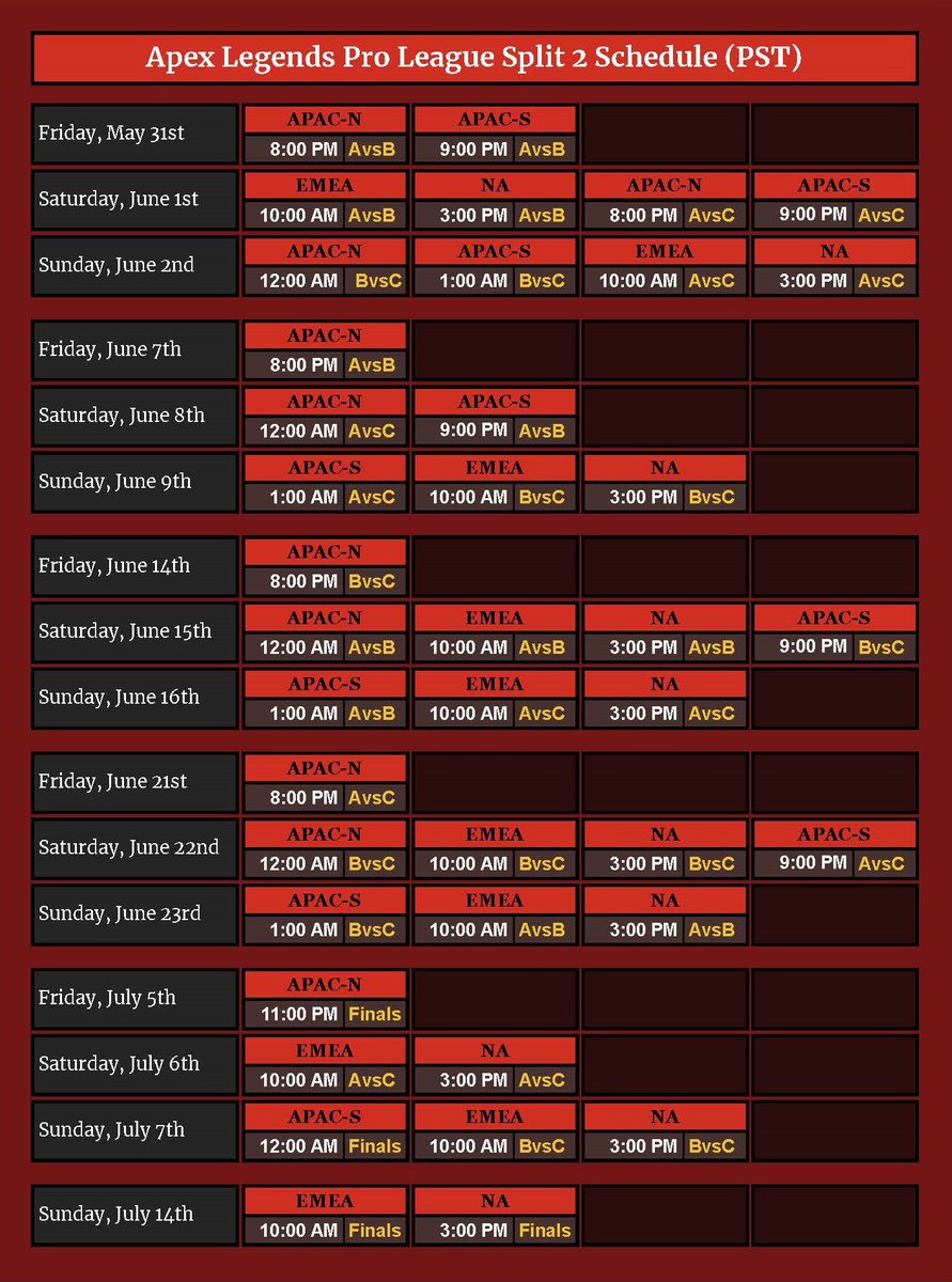 _Waterfault_'s tweet photo. I have created an ALGS schedule into a chronological graphic. Times are in PST @NiceWigg @MrGreekGod_ if you need the original copy for image quality, just DM me and I'll send it to you. Retweets appreciated. @PlayApex https://t.co/DlZKxg7kDs