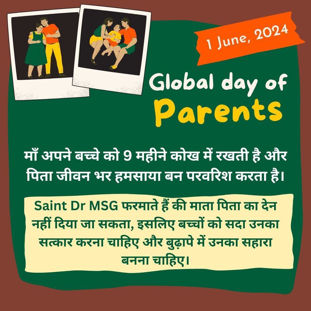 Kareenachugh07's tweet photo. To bridge the generation gap, Saint MSG suggests that parents should become their child's friend so that the child can comfortably share everything with them. Guruji has started many initiatives like CARE TEEM BLESS etc. On  #GlobalDayOfParents express gratitude to your parents. https://t.co/MEPkJn2Mr4