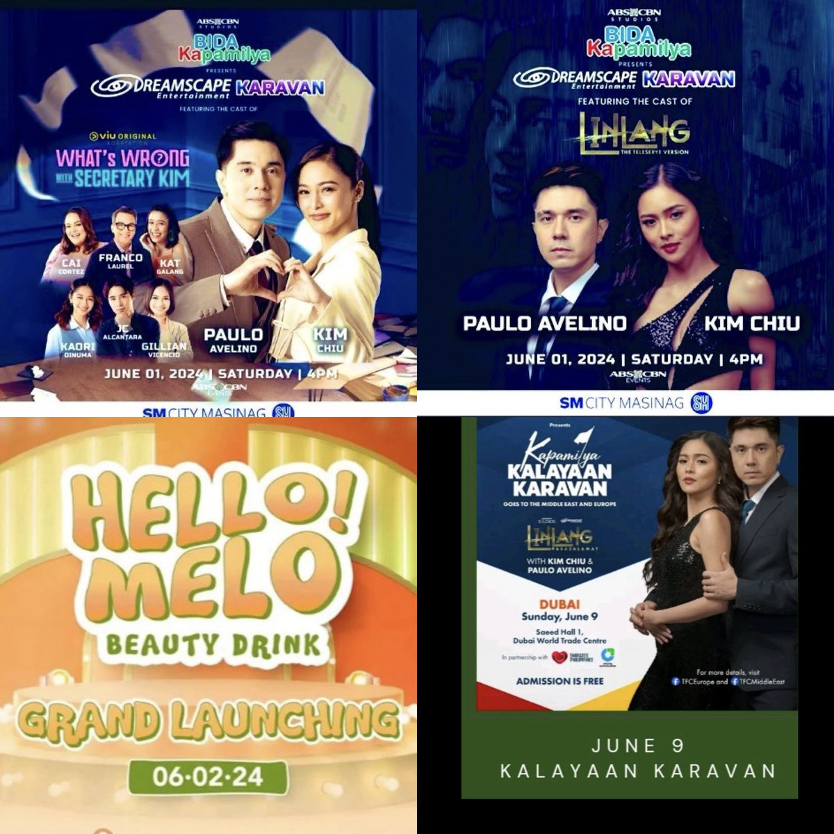 jboyd8075's tweet photo. Our KimPau Schedule for June 2024 so far. Thank you, God, for all the blessings they receive. They both deserve it. @prinsesachinita @mepauloavelino
Kim Chiu and Paulo Avelino EVENTS.
📌June 01, 2024 OUT OF TOWN EVENT
SM CITY, MASINAG at 4:00 pm
#BidaBest #DreamscapeKaravan
📌June 02, 2024 - ENDORSEMENT
📍BRILLIANT Hello! Mellow - Kim Chiu
📍THE BLUE LEAF COSMOPOLITAN QUEZON CITY - Paulo Avelino
📌June 09, 2024
EVENTS ABROAD (FREE ADMISSION)
📍DUBAI ARAW NG KALAYAAN KAPAMILYA KALAYAAN KARAVAN
SABERHAAL 1 DUBAI WORLD TRADE CENTER
📌JUNE 17, 2024 OUT OF TOWN - SORSOGON SPORTS ARENA( FREE ADMISSION)
📌JUNE 19, 2024 OUT OF TOWN 64th ARAW NG SURIGAO DELSUR
📌JUNE 30, 2024 EVENTS ABROAD ( FREE ADMISSION)
BIRMINGHAM UNITED KINGDOM BARRIO FIESTA WOODGATE VALLEY COUNTRYPARK CLARGATE LANE BIRMINGHAM B32 3DS