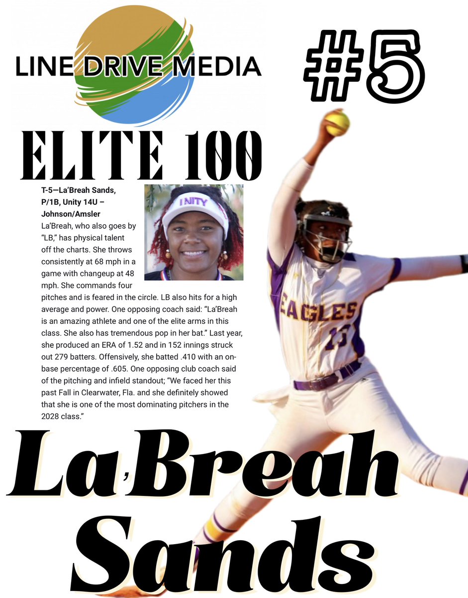 Congratulations to @la_breah ranking #5 nationally in @LineDsoftball Elite 100 Class of 2028! 🔥🔥🔥