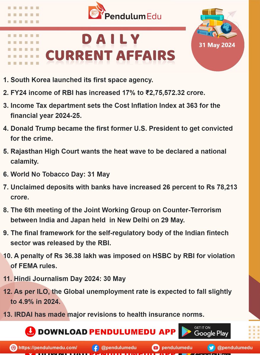 🌹Current Affairs🌹

Here 👇👇 is the important Current Affairs of 31st May, 2024. 

#UPSC #TSPSC #APPSC #KPSC
 #RPSC #GPSC #NPSC #TNPSC
     #CurrentAffairs #May #GS
 (Data courtesy: #PendulumEdu)