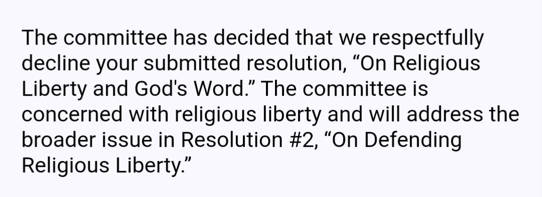 A disappointing follow-up on what I wrote on @BaptistLeaders about the resolution I submitted. As a recap - after the head of the @ERLC endorsed a bill that threatens the religious freedom of Christians, I submitted a resolution expressing opposition to any law that would