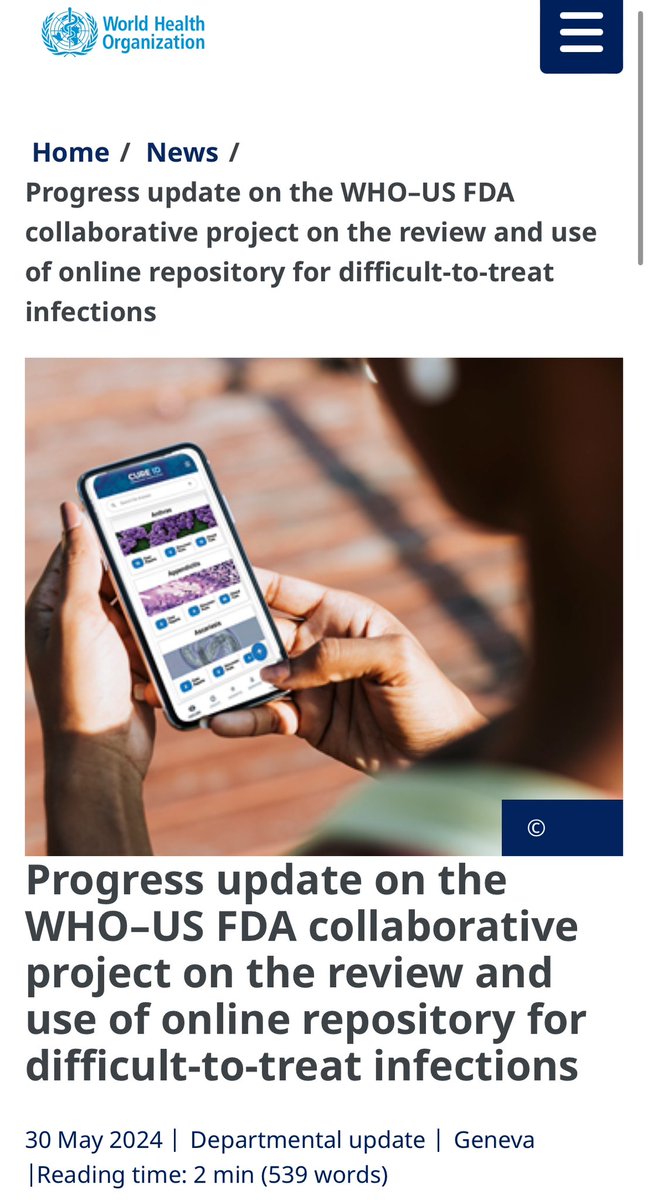 Check out the <a href="/WHO/">World Health Organization (WHO)</a>’s recent news about CURE ID titled “Progress update on the WHO–US FDA collaborative project on the review and use of online repository for difficult-to-treat infections” 

who.int/news/item/30-0…