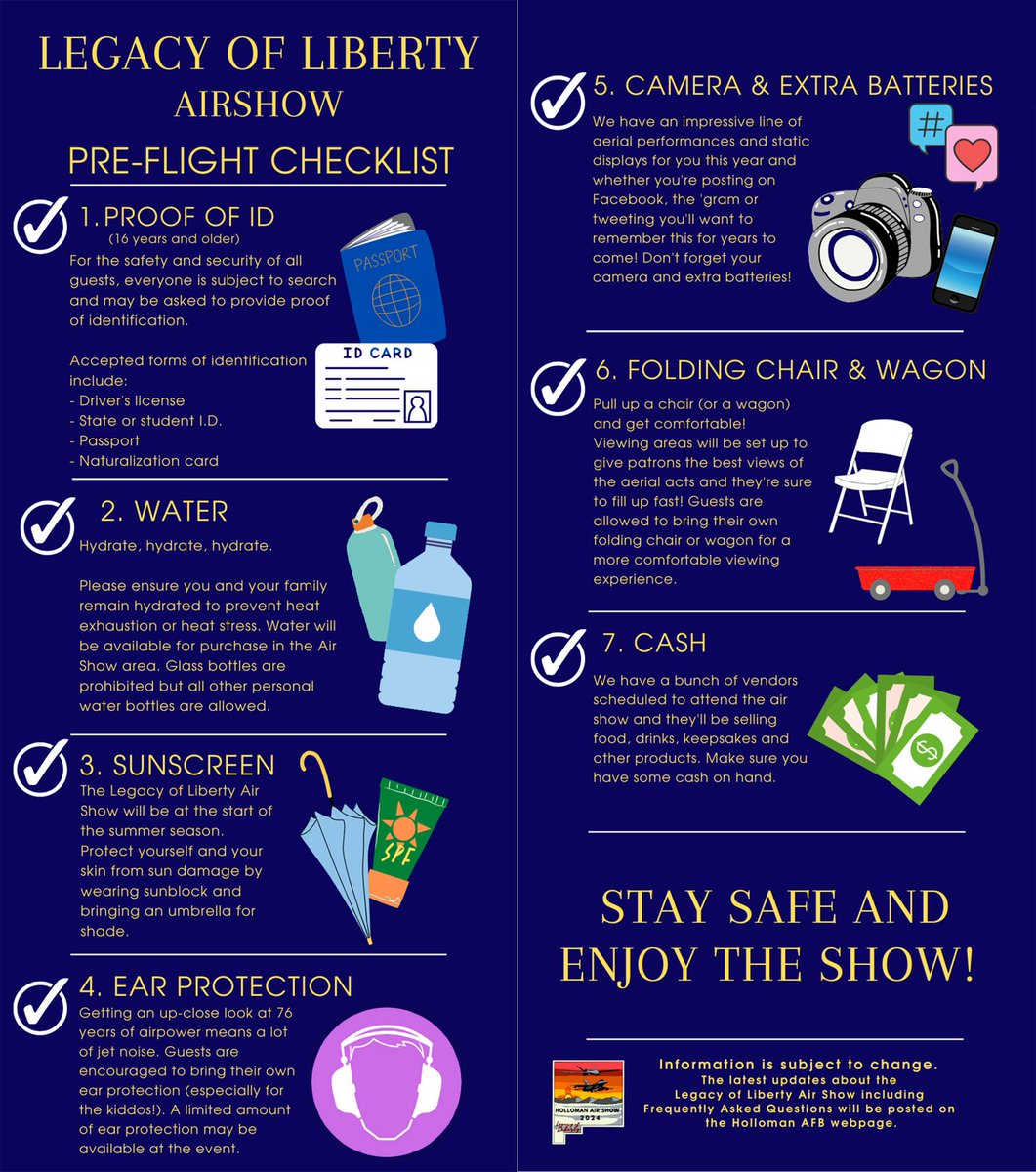 For those attending the Legacy of Liberty Airshow on June 2, here is a list of things to remember on the big day.  It's free and open to the public. Gates open at 9 and flying is from 11AM-3PM. Bring cash for food and souvenirs. Bring water too, it's going to be hot!