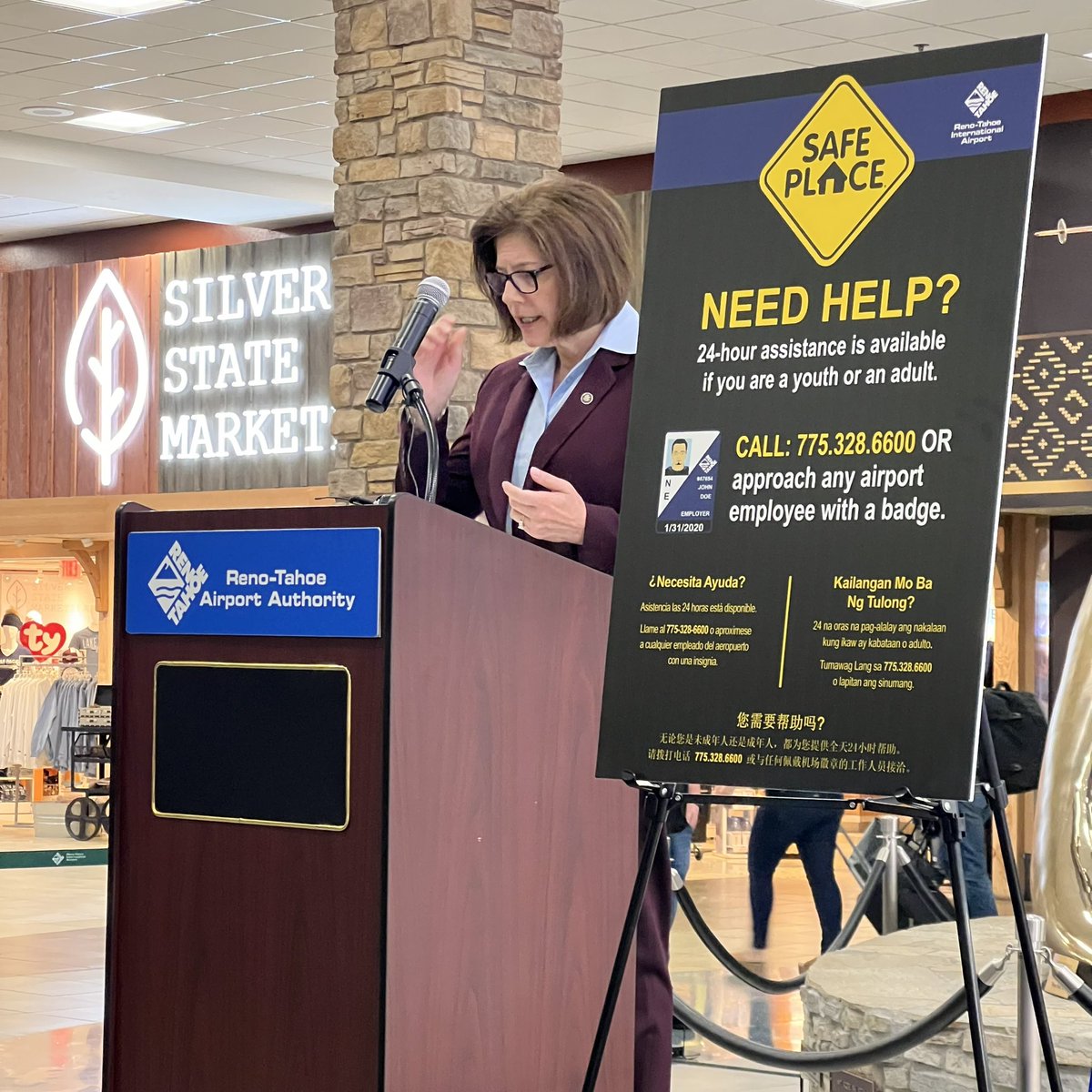 RenoAirport's tweet photo. Today, @SenCortezMasto visited RNO to support new legislation she championed funding anti-human trafficking efforts and expanding programs at airports nationwide. This legislation will provide funding for critical resources, training, and improving programs. #EndHumanTrafficking https://t.co/nDGLWJxB5f