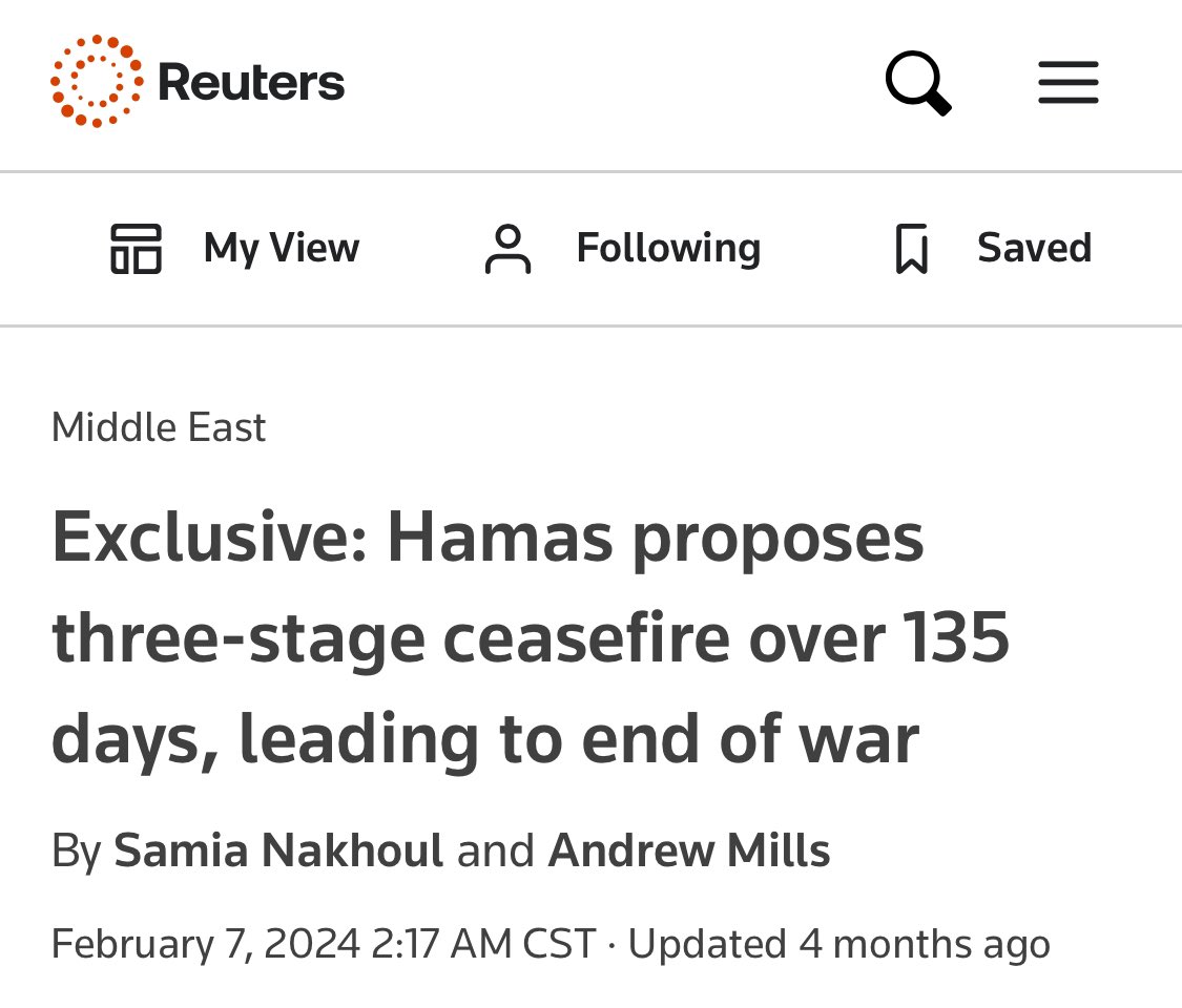 The White House is proposing [checks notes] the Hamas three-stage ceasefire plan from February