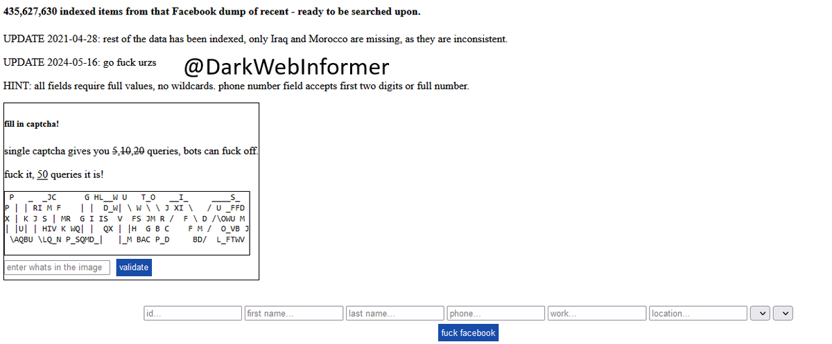 ⚠️Dark Web⚠️This is F*ck Facebook. It allows you to search though 435,627,630 indexed items from that Facebook dump from a couple years back. Onion in the sub-post.👇

#DarkWeb #Cybersecurity #Security #Cyberattack #Cybercrime #Privacy #Infosec