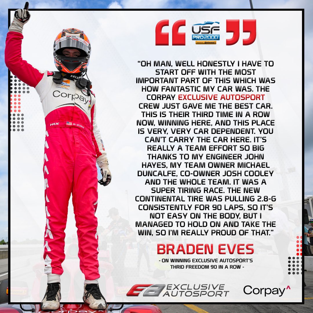Exclusive Autosport (@exclautosport) on Twitter photo Braden Eves makes it three Freedom 90’s in a row for the EA Squad!
#USFPro // #EhTeam // #CorpayFX // <a href="/CorpayFX/">Corpay Cross-Border Solutions</a> // #CarbNightClassic // #freedom90 // <a href="/USFProChamps/">USF Pro Championships</a> // <a href="/USFPro2000/">USF Pro 2000</a> // <a href="/Bradeneves/">Braden Eves</a> // <a href="/ExclusiveMgmt/">Michael Duncalfe</a> Braden Eves makes it three Freedom 90’s in a row for the EA Squad!
#USFPro // #EhTeam // #CorpayFX // <a href="/CorpayFX/">Corpay Cross-Border Solutions</a> // #CarbNightClassic // #freedom90 // <a href="/USFProChamps/">USF Pro Championships</a> // <a href="/USFPro2000/">USF Pro 2000</a> // <a href="/Bradeneves/">Braden Eves</a> // <a href="/ExclusiveMgmt/">Michael Duncalfe</a>