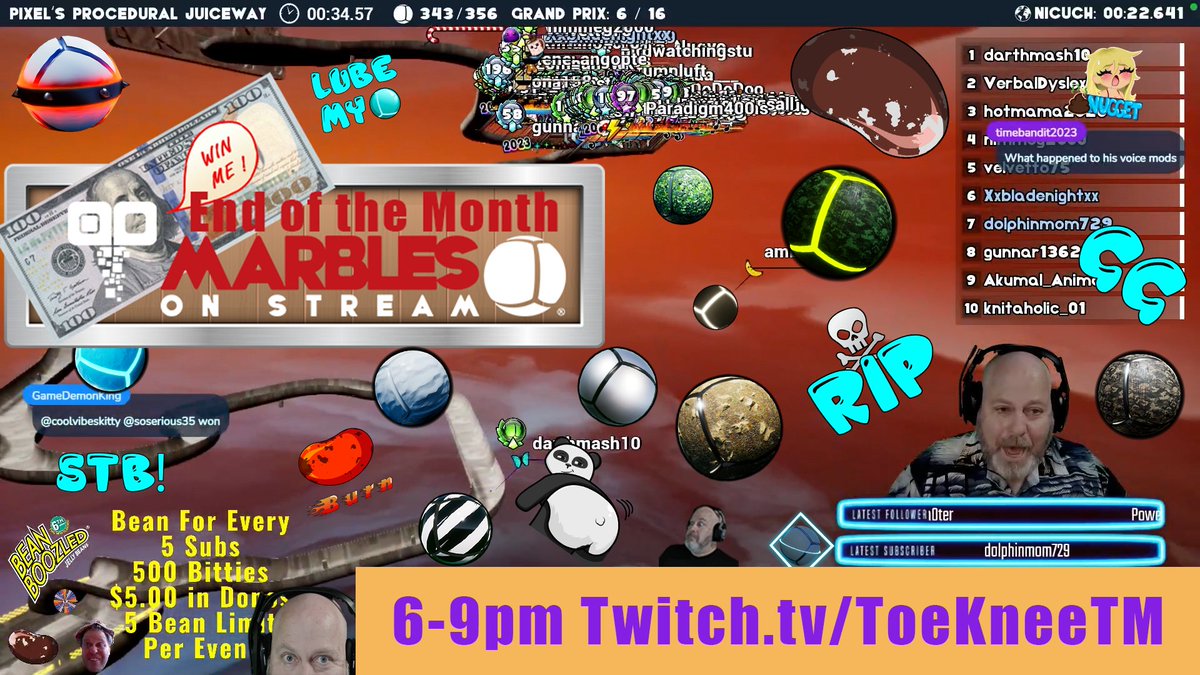 ToeKneeTM's tweet photo. Month End Marbles! 6-9pm EDT

Come get your tickets and get them in for the $100 
 cash drawing tonight! Get your first !freeticket and then race marbles and play Stream Raiders for more tickets.

Summer Schedule Update: Marbs moving to Monday night!

See you soon! Link in bio. https://t.co/25wGJmwV2t