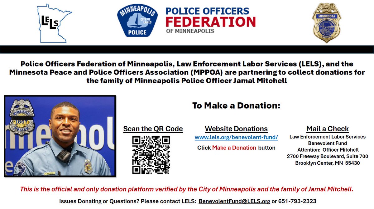 Donations are being collected for the family of fallen Mpls Officer Jamal Mitchell - This is the official & only donation platform verified by the City of Mpls & family. All proceeds will go directly to Officer Mitchell’s family. lels.org/benevolent-fun…