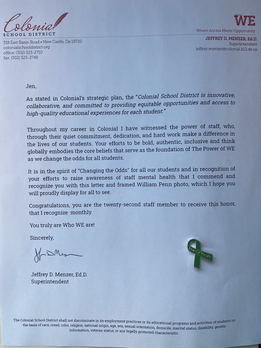 j_csd's tweet photo. It is an honor to recognize Jen Goldsborough, with the “WE Change the Odds Award” for June.

Jen was behind CSD’s go Green Mental Health Awareness effort. WE appreciate her commitment to honor Mike Snow’s tragic passing, bringing light to the importance of staff mental health. https://t.co/DFtBBFCPDG