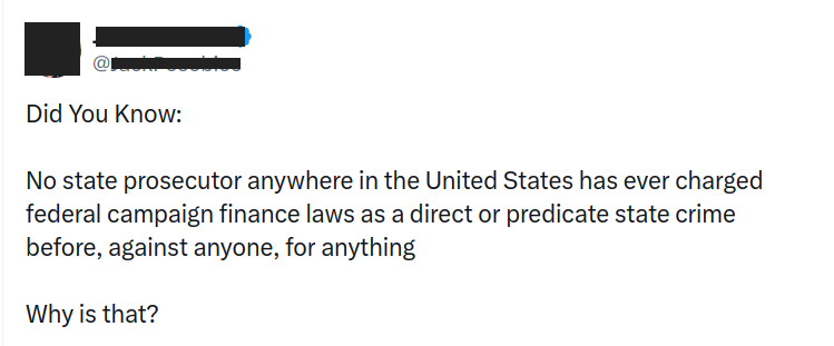 Almost certain to come up during appeals:
* the conspiracy is a state charge
* the underlying crime is a federal campaign-finance law and/or federal tax law

I'm not knowledgeable to know if this is truly unique, but Trump will explore every legal nuance for his benefit.