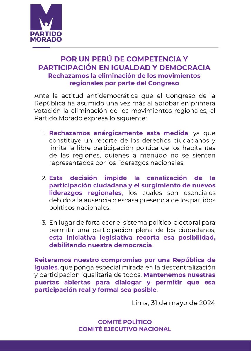 partidomorado's tweet photo. Repudiamos la eliminación de los Mov. Regionales aprobada por el Congreso. Esta medida recorta derechos ciudadanos y limita la participación política en regiones, debilitando nuestra democracia.¡Por un Perú con igualdad y verdadera participación democrática! #PeruanosDeIgualValor https://t.co/YiPga2TaaT