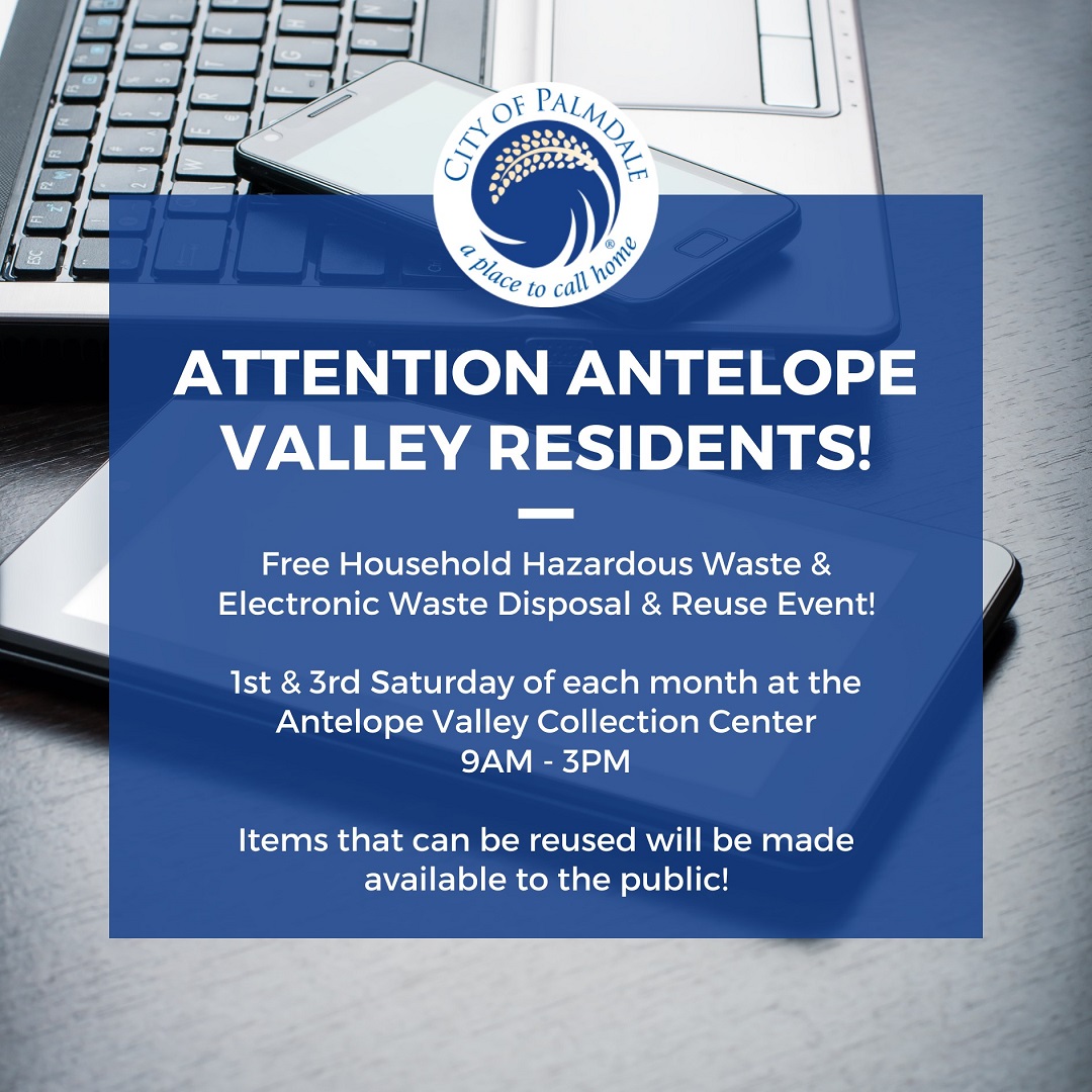 [para español👇] Attention Antelope Valley Residents!

Dispose of your Household Hazardous Waste (HHW) and Electronic Waste (E-Waste) this Saturday!

📅 Saturday, June 1, 9 a.m. to 3 p.m.
📍Antelope Valley Environmental Collection Center, 1200 W. City Ranch Rd.

AVECC provides