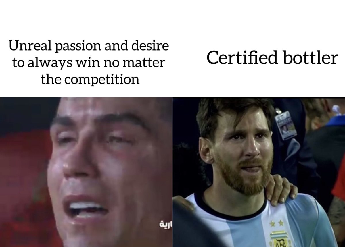 cristiano ronaldo cries: “so much passion for the game, you are a sick person if you enjoy seeing him cry..”

lionel messi cries: “cry baby, he bottled the final, you’re finished bro, can’t even win a small team”

we all know what we are doing! 🫵🏾🫵🏾🫵🏾🫵🏾