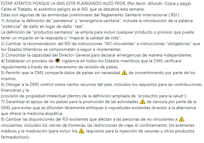 Ya sabemos, que un grupo de naciones, Perú entre ellas, se negaron a entregar su soberanía a la OMS en el tratado que planteaban. Bueno, estas son las reformas propuestas. Cuidado, buscan poder. ¡Váyanse al carajo y que viva la Libertad!!!!
#VivaLaLibertadPerú
#NoALaAgenda2030