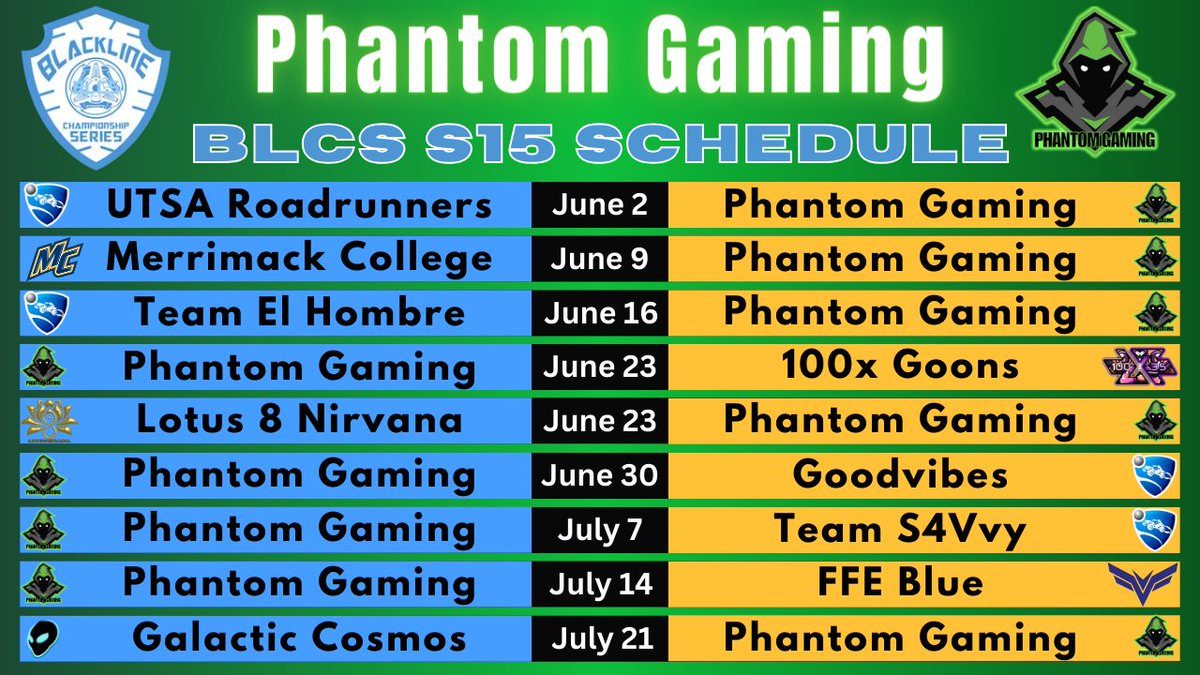 Phantom Gaming's schedule for the upcoming season of <a href="/BlackLineCS/">Black Line Championship Series</a>.

Roster:
(C) <a href="/ShadowBall14RL/">ShadowBall14</a>
<a href="/silkyhehais/">Silky</a> 
<a href="/yizzuschrst/">DST yizz</a> 
(S) <a href="/damian_sucks_/">damian.</a>