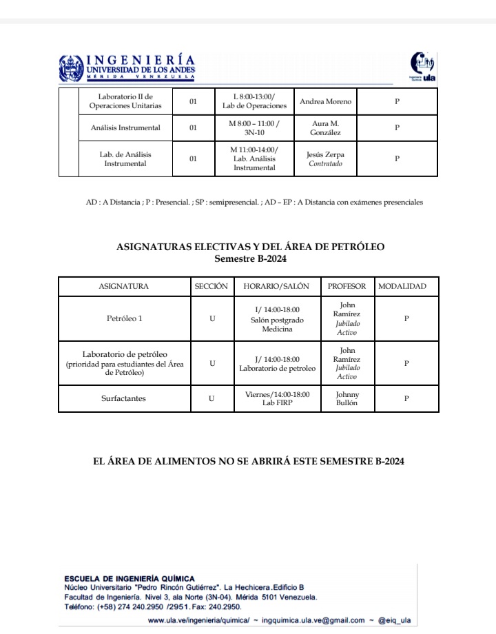 📢#Atención

La <a href="/eiq_ula/">Esc Ing Química ULA</a> da a conocer los horarios de las asignaturas ofertadas para el semestre B-2024 

#GentedeTrabajo