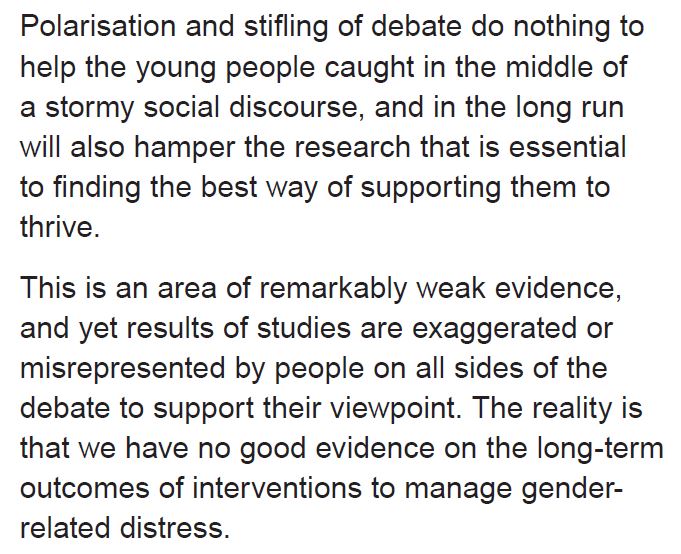 @DarrenJohnson66 I'm not sure Cass would have suggested prescribing puberty blockers to young people, even on a trial basis, if it was 'harmful' or 'sodding insane'. 
Perhaps take a moment to reflect on Cass's Foreword to the Review, and consider whether your own views are science based.