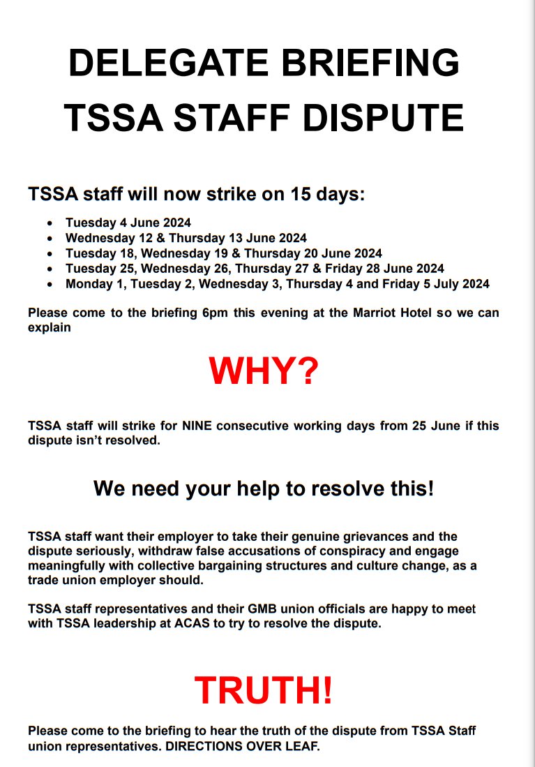 GMB4TSSA's tweet image. TSSA staff will strike on 15 days in June and July. Come to our briefing 6pm Saturday at the Marriott Hotel to hear the TRUTH about our dispute from our representatives.