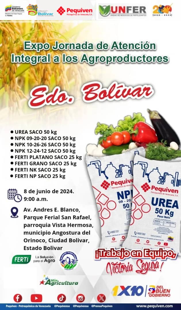 Amigo Productor.
Te invitamos a adquirir  a precio justo, en la Expo Jornada de Atención al Prpductor, que se estará llevando a cabo este 8 de Junio del 2024 en las instalaciones del Parque Ferial de Ciudad Bolívar . 
 @nicolasmaduro
<a href="/castrosoteldo/">castrosoteldo</a>
<a href="/amarcanopsuv/">Ángel Marcano</a>
<a href="/comandosergioh/">Sergio Hernandez</a>