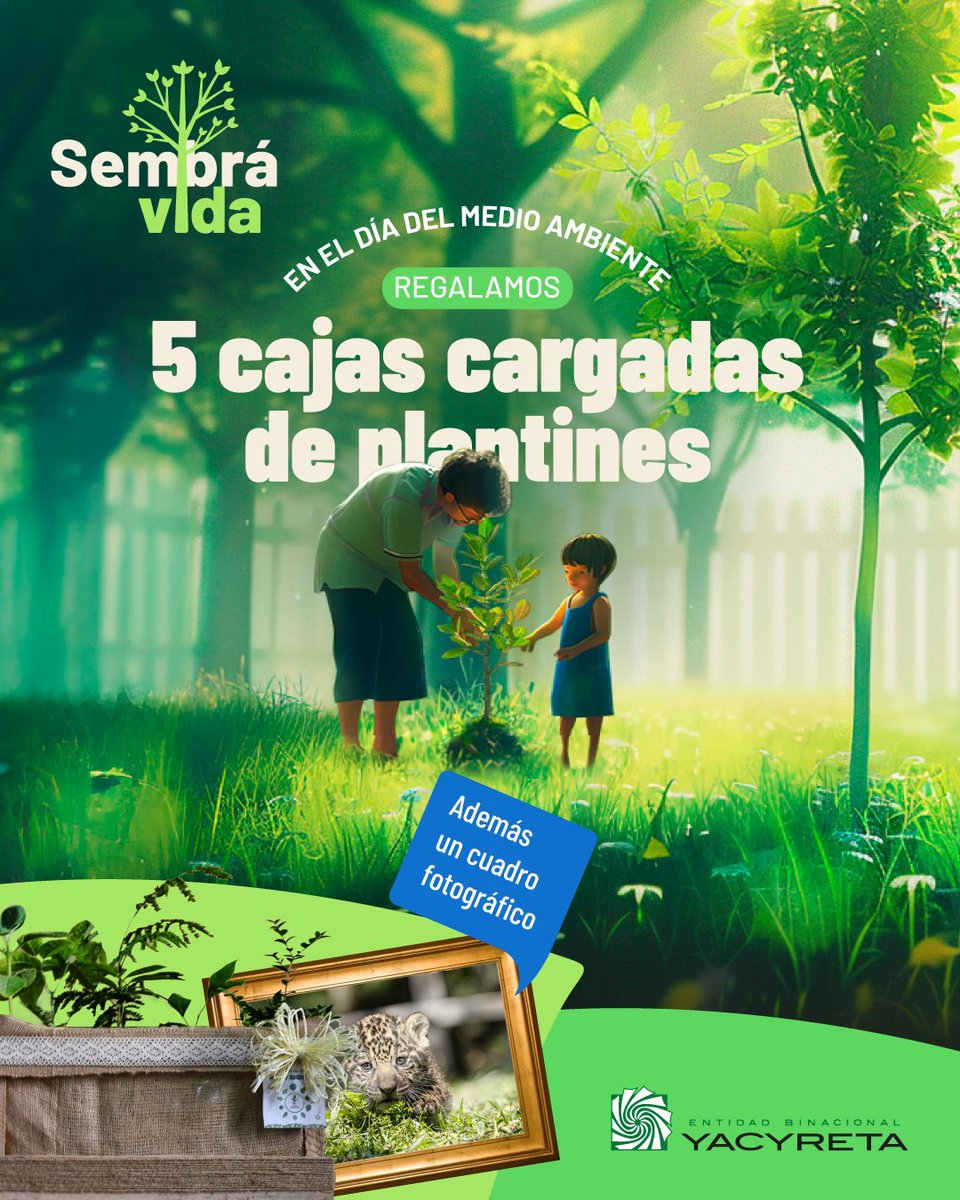 !Regalamos un cuadro y cajas de plantines por el Día del Medio Ambiente! 🌳🌎

🖼️ ¿Querés llevar a tu casa la foto del hijo de nuestro jaguareté Chiqui?.
🍃 También sorteamos 5 cajas cargadas de plantines de especies nativas y medicinales.

Sólo necesitás seguirnos, darle RT 🔃 y