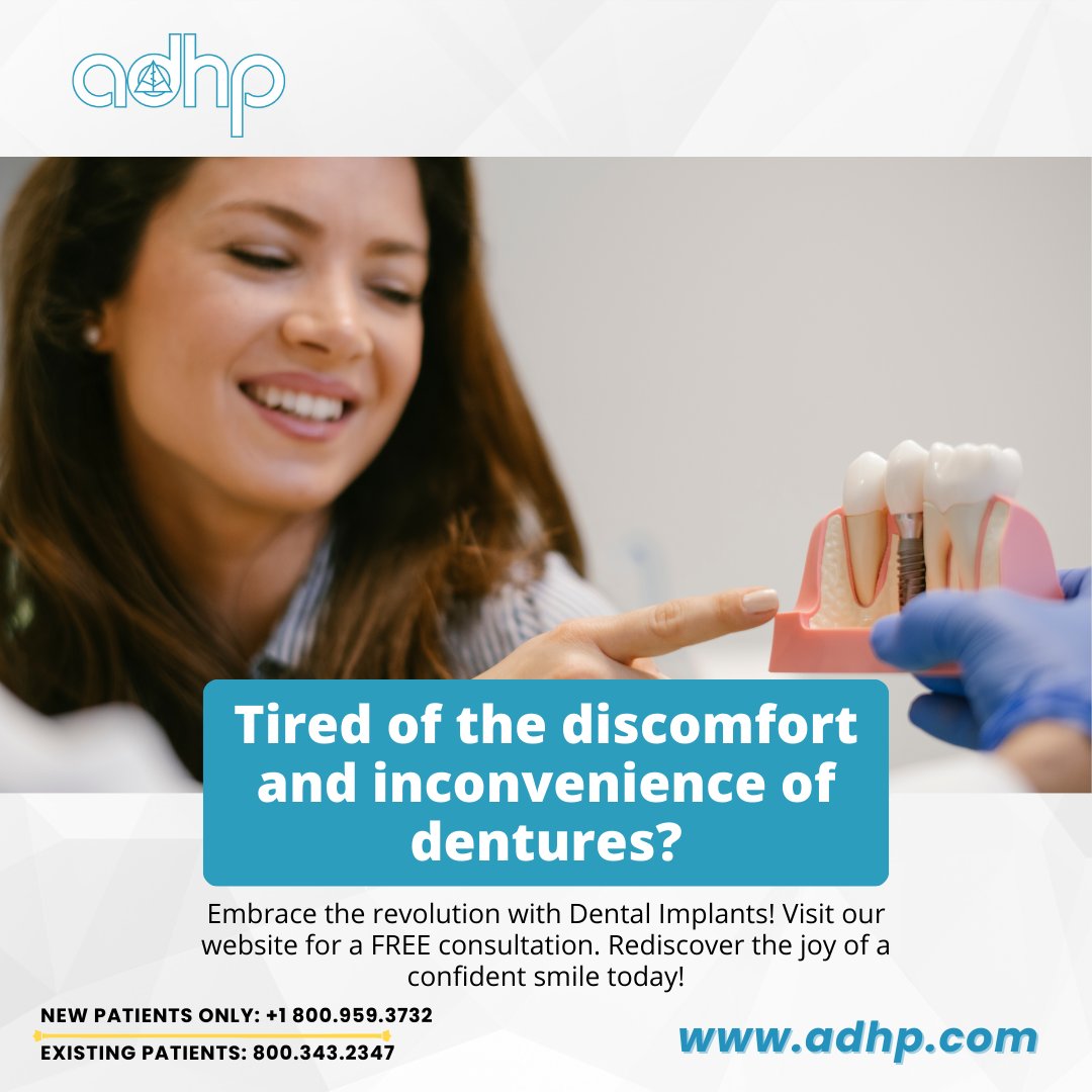 teethimplantsdr's tweet image. Say goodbye to the hassle of dentures and hello to the freedom of Dental Implants! 🦷✨ Book your FREE consultation today on our website and let us help you reclaim your smile with confidence. 😁 
#ADHP #DentalImplants #ConfidentSmile #FreeConsultation