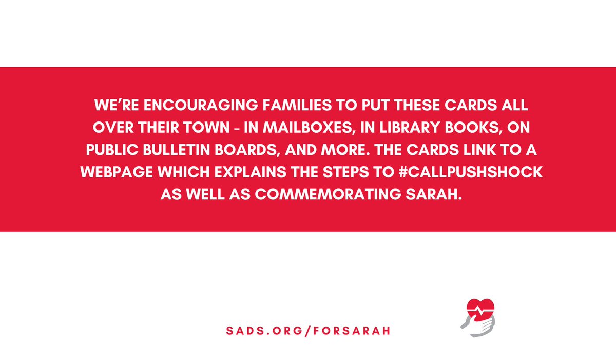 In honor and memory of beloved Sarah, order these free cards and put them in YOUR local community so we can create a community of lifesavers - for you, for your family, and #ForSarah. Order today at sads.org/get-involved/a….

🏷️ #childloss #lifeafterloss #CallPushShock #CPR #AED