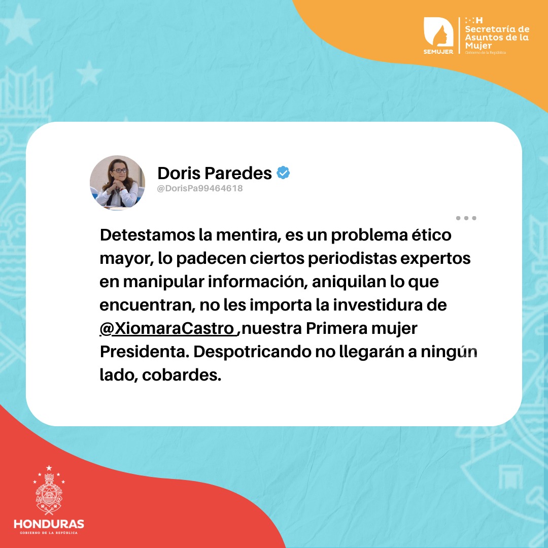 semujer_hn's tweet photo. 🗣 Ministra de la Mujer, Doris Garcia: Se pronuncia ante mentiras y falta de ética de ciertos periodistas, expertos en manipular información. https://t.co/NNpILPW1dT