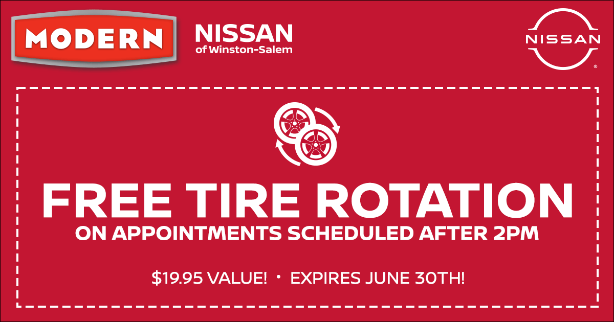 ModernNissan's tweet photo. Afternoon special! Schedule your appointment after 2 PM and get a FREE tire rotation! Don’t let this opportunity roll away.
Schedule your next service visit HERE: https://t.co/HB0ZQ57eqA https://t.co/c7DtHhEpLb