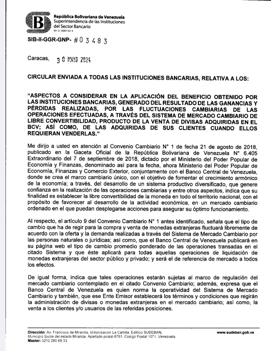 josegrasso's tweet photo. Circular Sudeban del 30 de mayo de 2024 sobre aplicación del beneficio obtenido por los bancos, que homogeniza la forma de reconocer las ganancias cambiarias por operaciones realizadas y a partir de junio la parte realizada de la valoración la reconoce como ingreso, sin necesidad de solicitar permiso a la superintendencia y sí reportarlo para el control adecuado