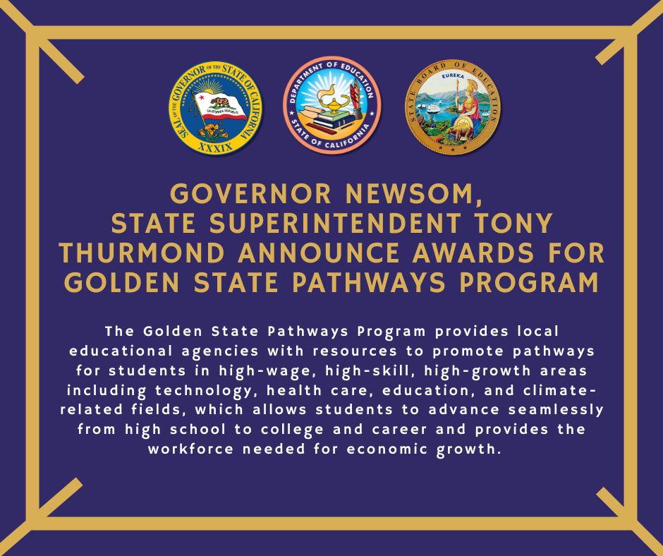 Gov. @GavinNewsom and State Supt. @TonyThurmond announced the awarding of $470 million to local educational agencies from the Golden State Pathway Program to improve opportunities for students and prepare them for the workforce of tomorrow. Read more: cde.ca.gov/nr/ne/yr24/yr2…