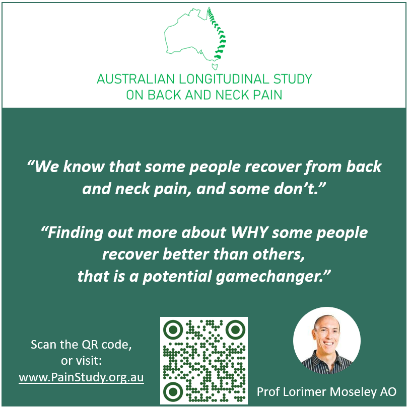 Aus_Pain_Study's tweet photo. One of our key researchers, Prof Lorimer Moseley, shares his perspective on the value of a national study investigating back and neck pain.
Scan the QR code or visit https://t.co/mw88GNpN0q to learn more and participate.
#PainStudyAustralia #BackPain #NeckPain #HealthResearch https://t.co/TjZk0CMSgl