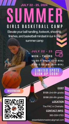 🏀 Girls Summer Basketball Camp 🏀

Join us for an exciting 4-day camp focused on improving your ball handling, footwork, shooting, finishes, and basketball mindset. For registration and more information scan the QR code.

#BasketballCamp #GirlsBasketball #SummerCamp